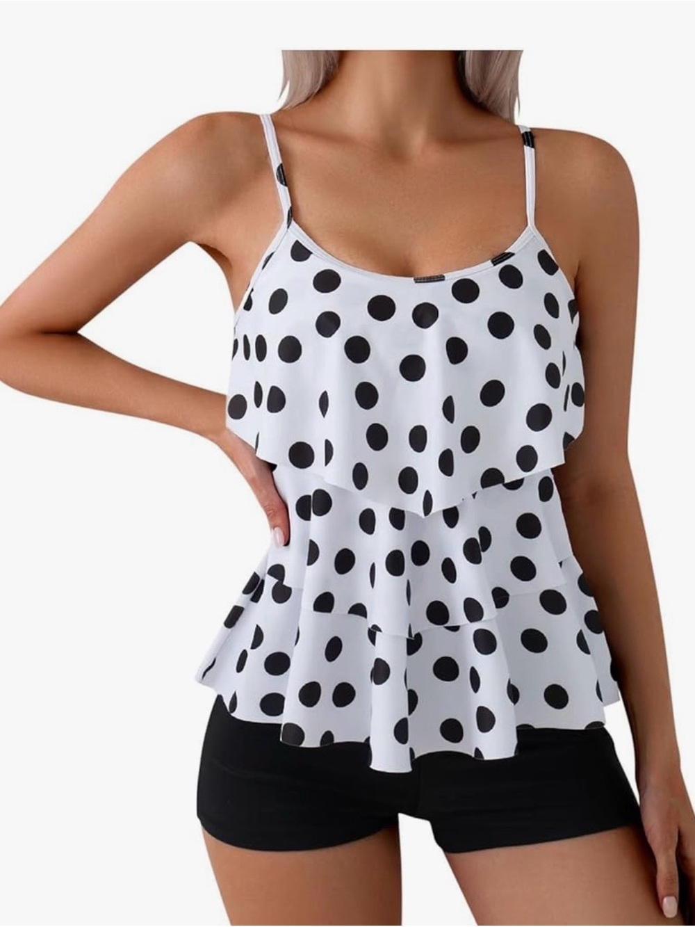 Polka Dot Ruffle Cami Tank Top - White with Black Dots